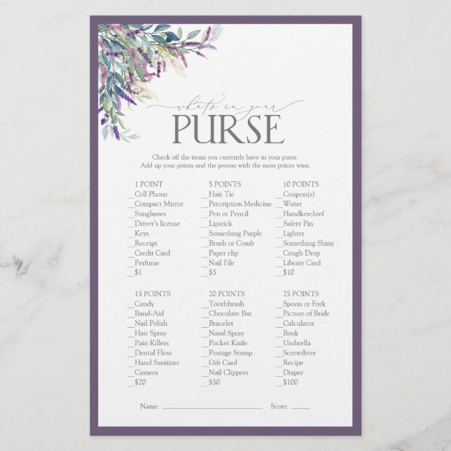 Elegant Lavender Floral Bridal Shower Game (Front)