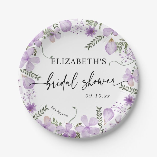 Elegant Lavender Floral Bridal Shower Paper Plates (Front)