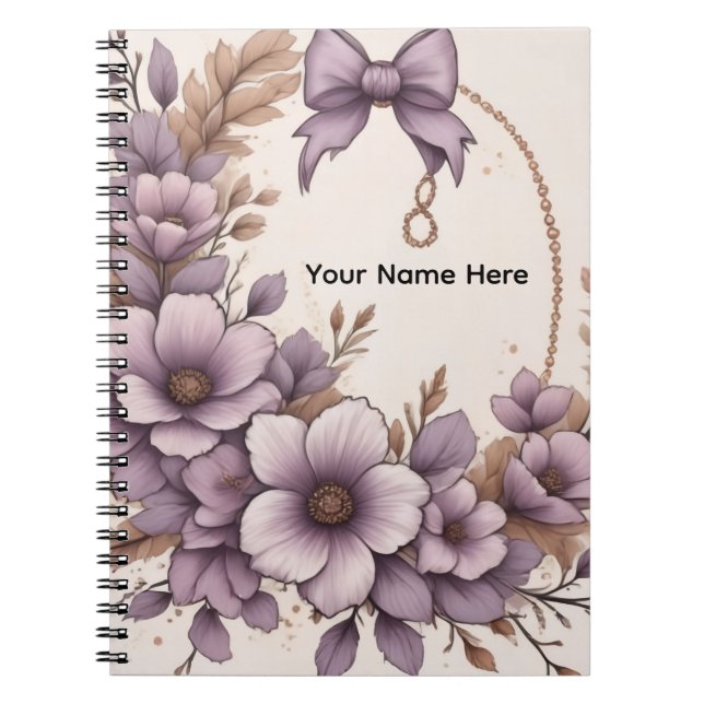 Elegant Lavender Floral Coquette Bow Personalized Notebook (Front)