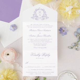 Elegant Lavender Floral Crest Monogram Wedding All In One Invitation
