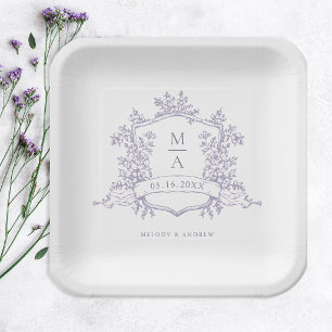 Elegant Lavender Floral Crest Monogram Wedding Paper Plate