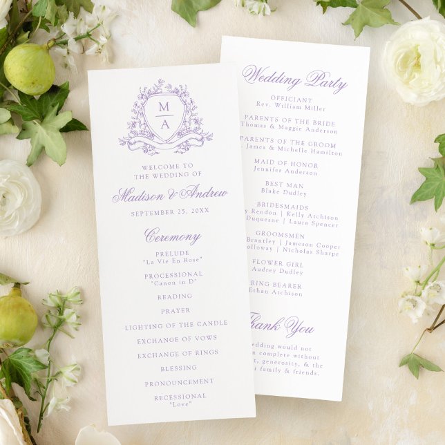 Elegant Lavender Floral Crest Monogram Wedding Programme (Creator Uploaded)