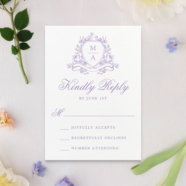 Elegant Lavender Floral Crest Monogram Wedding RSVP Card (Creator Uploaded)