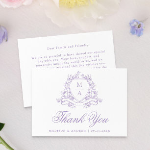 Elegant Lavender Floral Crest Monogram Wedding Thank You Card