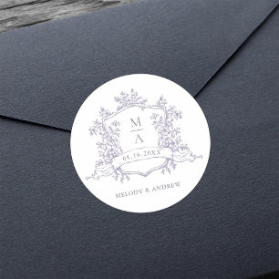 Elegant Lavender Floral Crest Monograms Wedding Classic Round Sticker