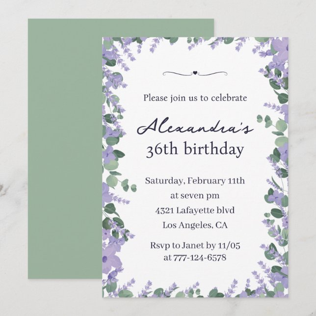 Elegant Lavender Floral Frame 36th birthday Invitation (Front/Back)