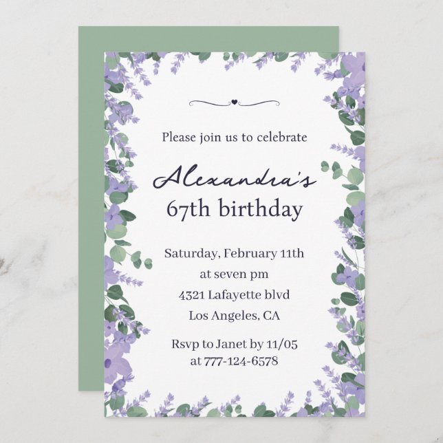Elegant Lavender Floral Frame 67th birthday Invitation (Front/Back)