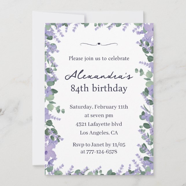 Elegant Lavender Floral Frame 84th birthday Invitation (Front)