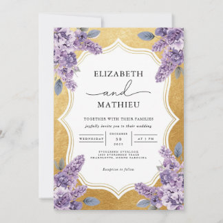 Elegant Lavender Floral Gold Border Wedding Invitation