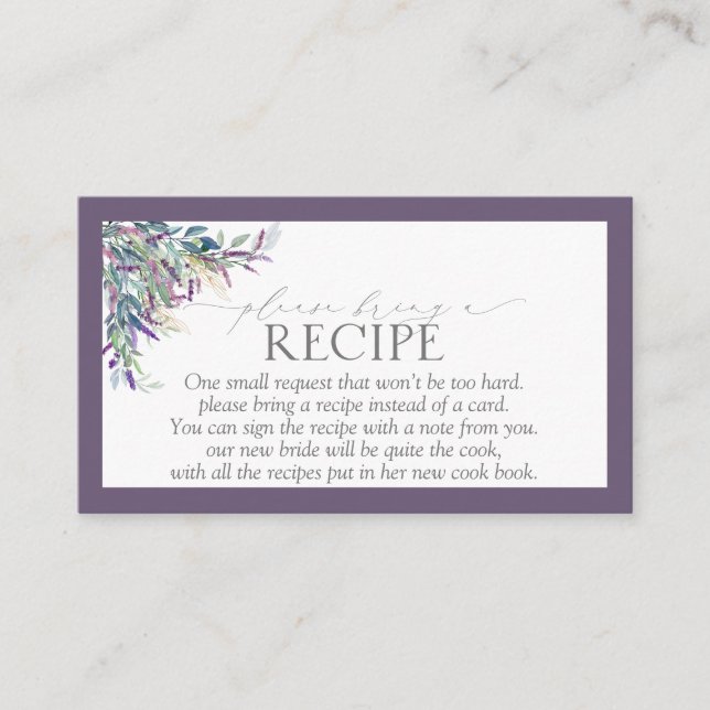 Elegant Lavender Floral Please Bring A Recipe Enclosure Card (Front)