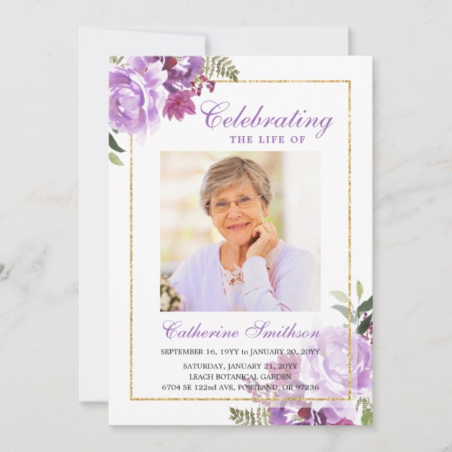 Elegant Lavender Floral Printable Funeral Program Announcement (Front)