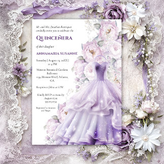 Elegant Lavender Floral Quinceañera Ball Gown |  Invitation