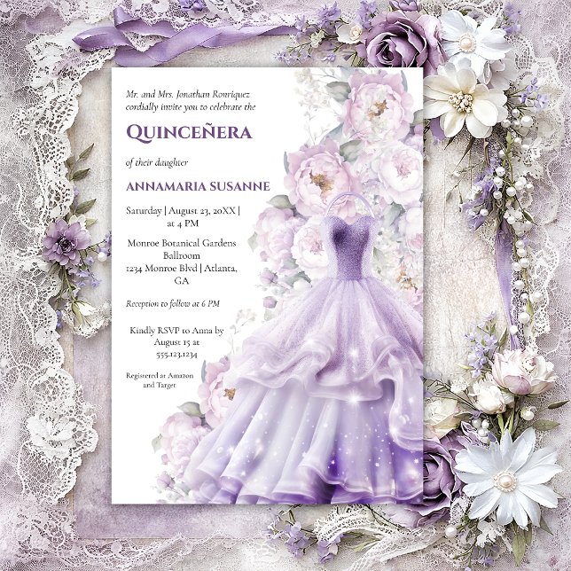 Elegant Lavender Floral Quinceañera Ball Gown |  Invitation (Creator Uploaded)