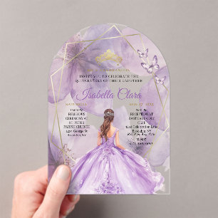 Elegant Lavender Floral Quinceañera Gold Acrylic Invitations
