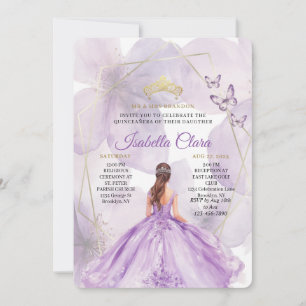 Elegant Lavender Floral Quinceañera Gold Round Invitation