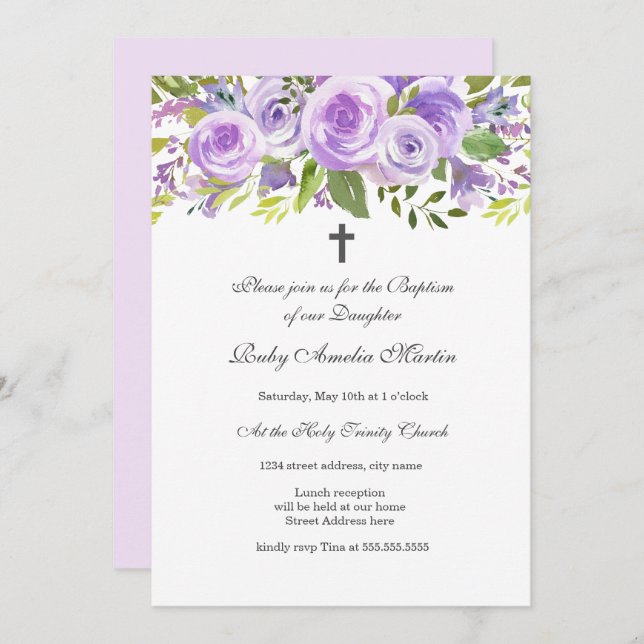 Elegant Lavender Floral Rose Baptism Invitation (Front/Back)