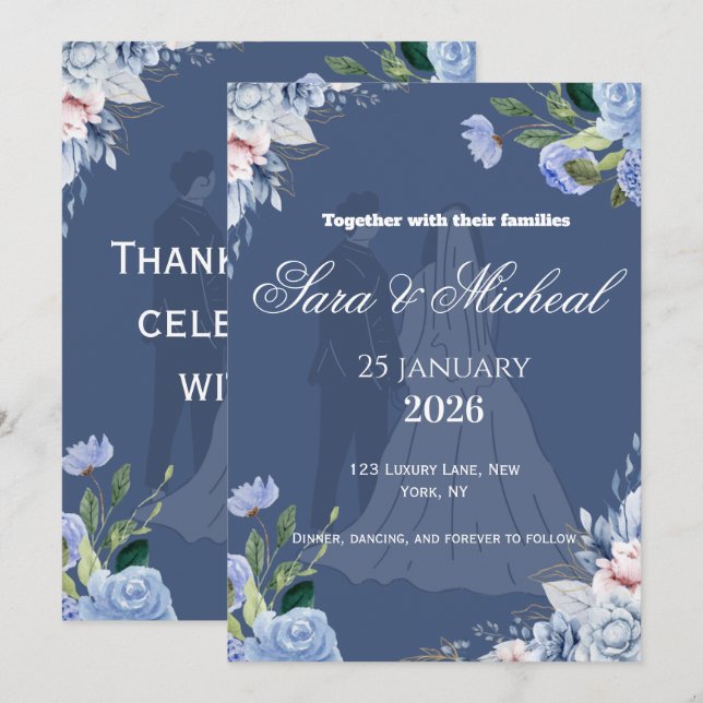 Elegant Lavender Floral Script Wedding Invitation (Front/Back)