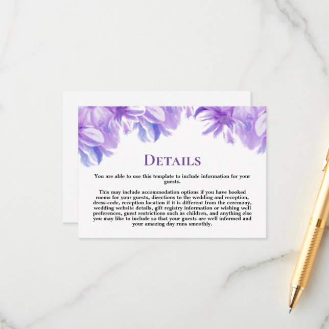 Elegant Lavender Floral Wedding Details Enclosure Card (Front/Back In Situ)