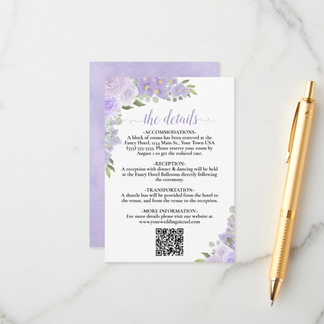 Elegant Lavender Floral Wedding Details QR Code Enclosure Card (Front/Back In Situ)