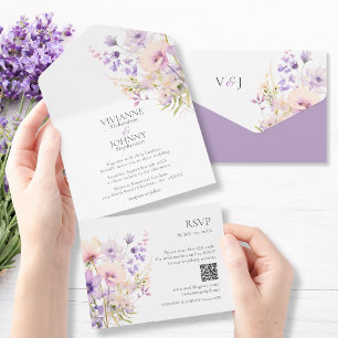 Elegant Lavender Floral Wildflowers QR RSVP All In One Invitation