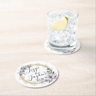 Elegant Lavender Floral Wreath Wedding Personalise Round Paper Coaster