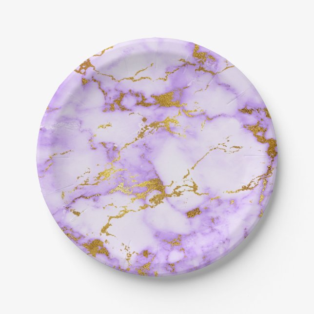 Elegant Lavender Gold Faux Metallic Marble Pattern Paper Plate (Front)