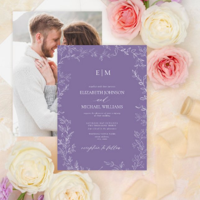 Elegant Lavender Leaf Photo Monogram Wedding Invitation (Creator Uploaded)