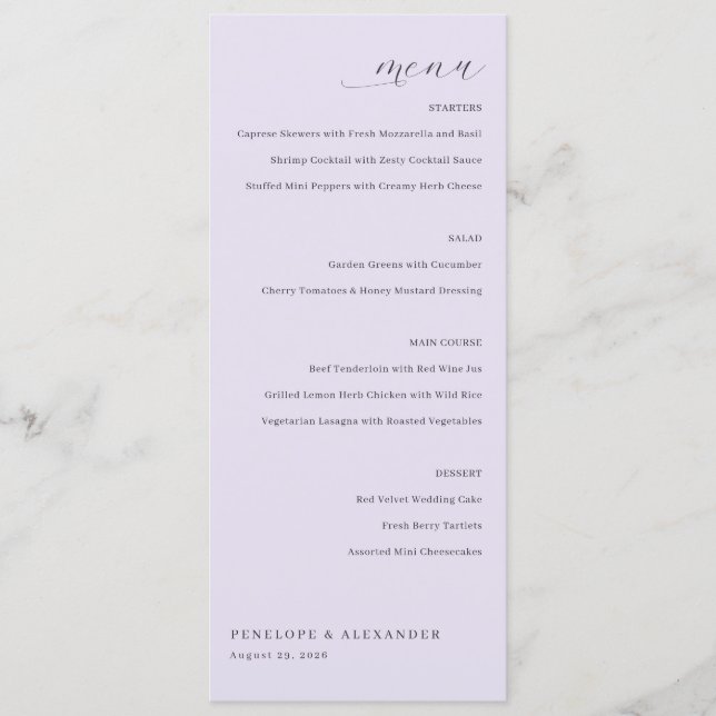 Elegant Lavender Menu Card (Front)