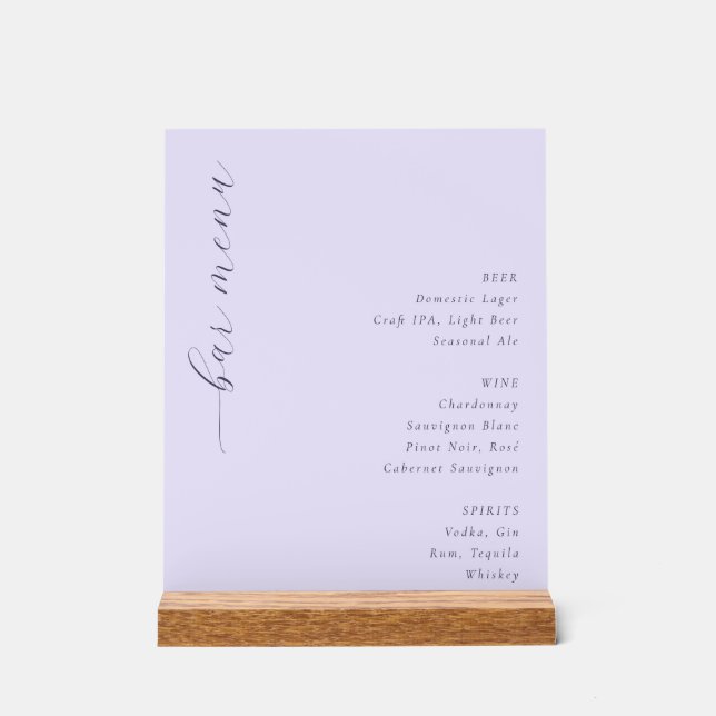 Elegant Lavender Minimalist Bar Menu Acrylic Sign (Front)