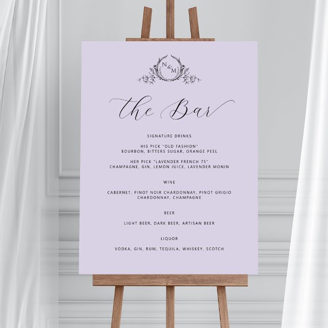 Elegant Lavender Monogram Bar Wedding Sign (Available in many sizes. From big statements, to table top signs! Example sign in 24" x 36")