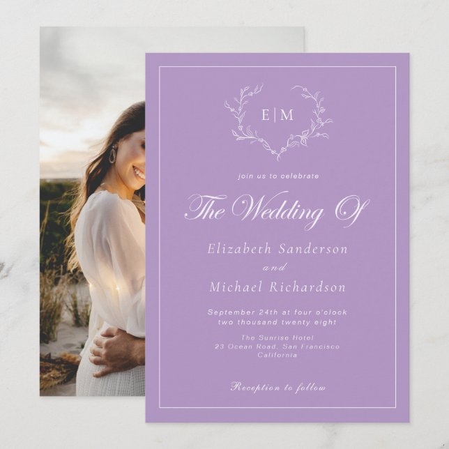 Elegant Lavender Monogram Crest Wedding Photo Invitation (Front/Back)
