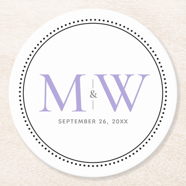 Elegant Lavender Monogram Wedding Round Paper Coaster (Front)