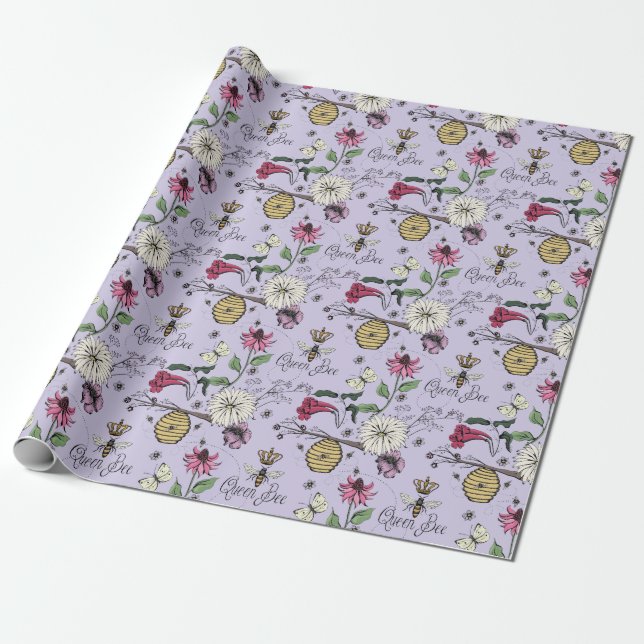Elegant Lavender Mothers Day Queen Bee and Flowers Wrapping Paper (Unrolled)