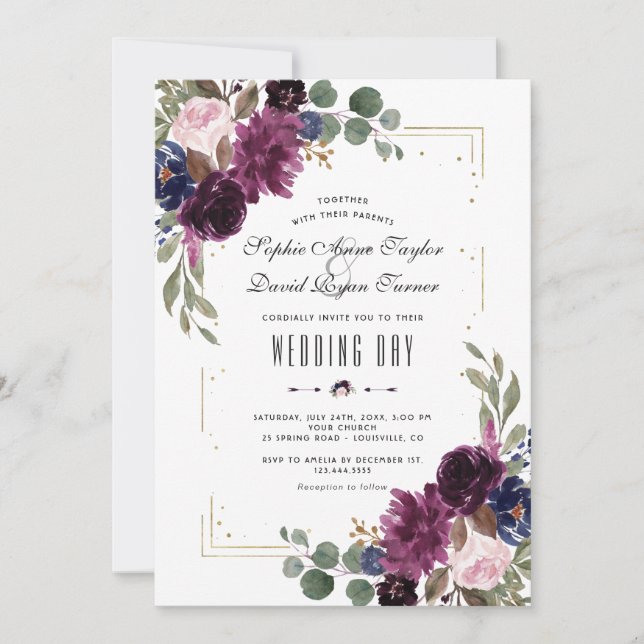Elegant Lavender Navy Blue Floral Gold Wedding Invitation (Front)
