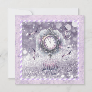 Elegant Lavender New Year 2026, Clock, Ribbons Holiday Card