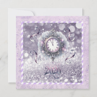 Elegant Lavender New Year 2026, Clock, Ribbons Holiday Card