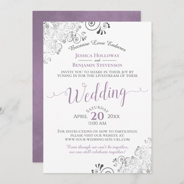 Elegant Lavender on White Wedding Livestream Invitation (Front/Back)