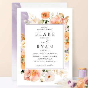Elegant Lavender Peach Botanical Wedding Invitation