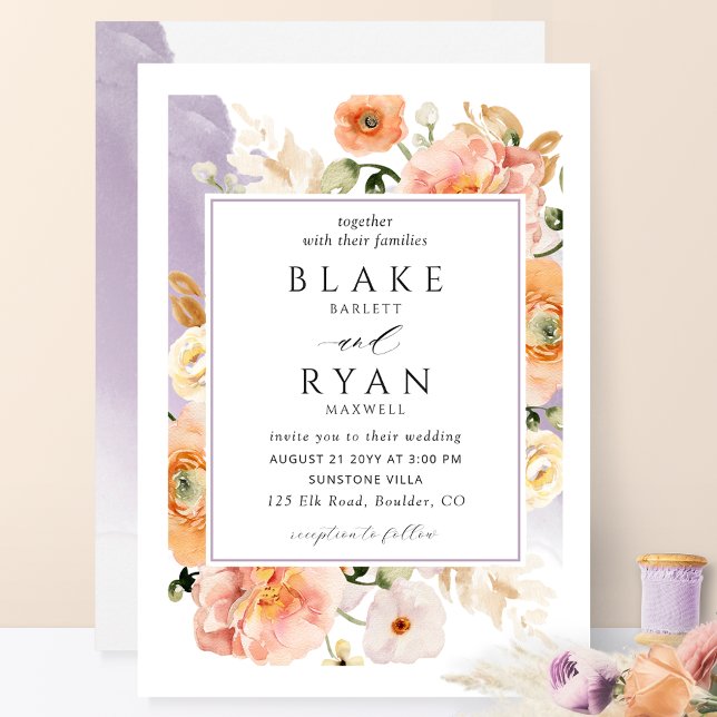 Elegant Lavender Peach Botanical Wedding Invitation (Creator Uploaded)