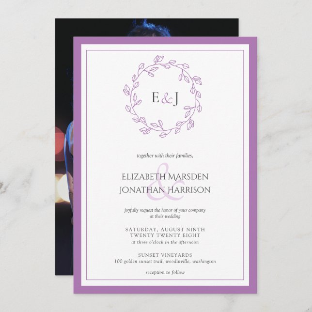 Elegant Lavender Photo Monogram Wreath  Invitation (Front/Back)