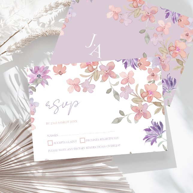 Elegant Lavender Pink Whimsical Wildflower Wedding RSVP Card (Elegant Lavender Pink Whimsical Wildflower Wedding RSVP Card)