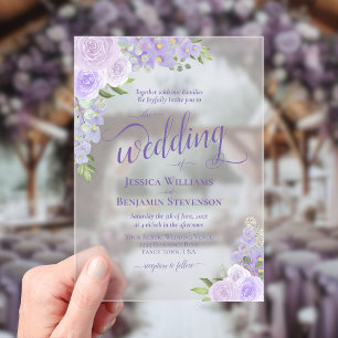 Elegant Lavender Purple Boho Roses Fancy Wedding Acrylic Invitations