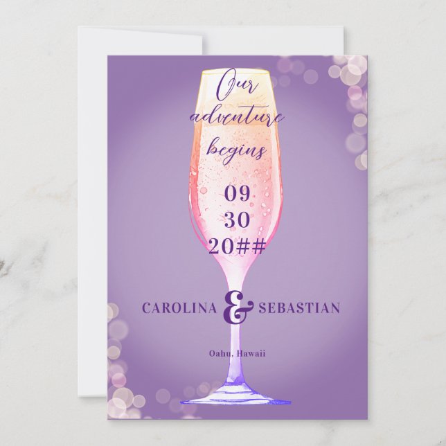 Elegant Lavender Purple Bubbly Champagne Wedding Save The Date (Front)