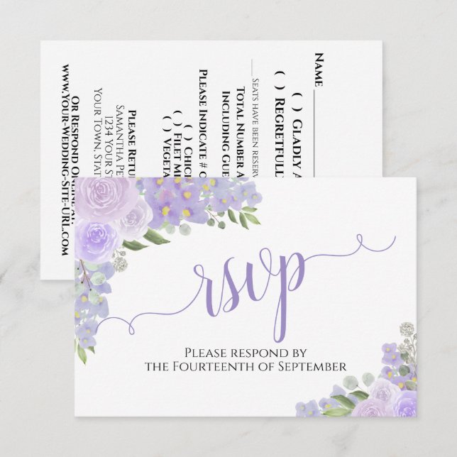 Elegant Lavender Purple Floral Calligraphy Wedding RSVP Card (Front/Back)