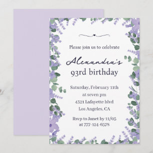 Elegant Lavender Purple Floral Frame 93rd birthday Invitation