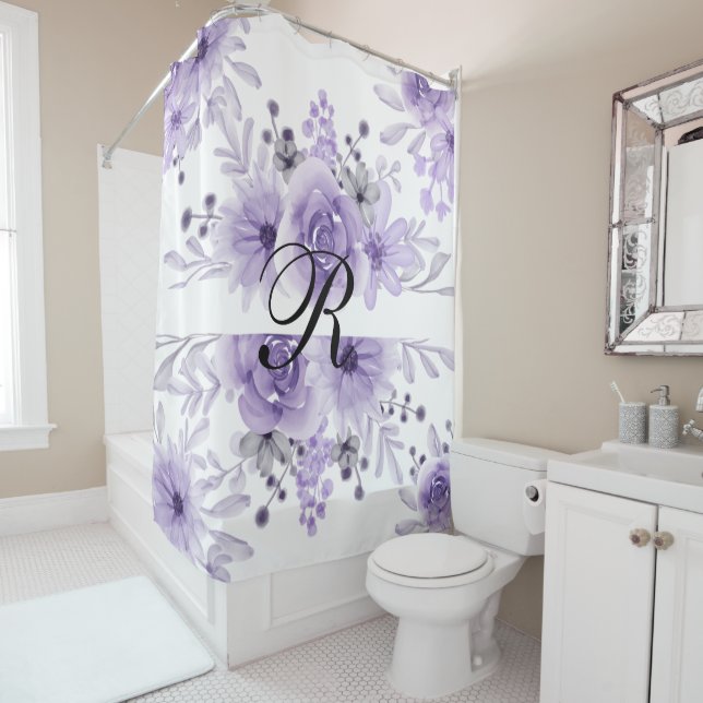 Elegant Lavender Purple Floral Watercolor  Shower Curtain (In Situ)
