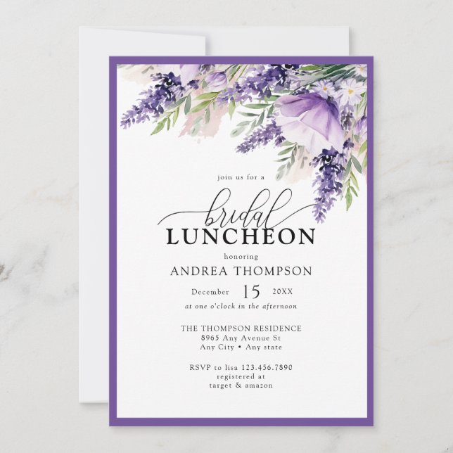 Elegant Lavender Purple Flowers Bridal Luncheon Invitation (Front)