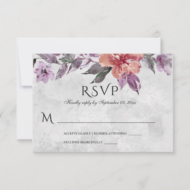 Elegant Lavender Purple Peach Floral Watercolor  RSVP Card (Front)