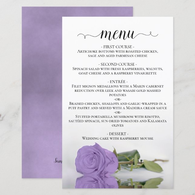 Elegant Lavender Purple Rose Budget Wedding Menu (Front/Back)