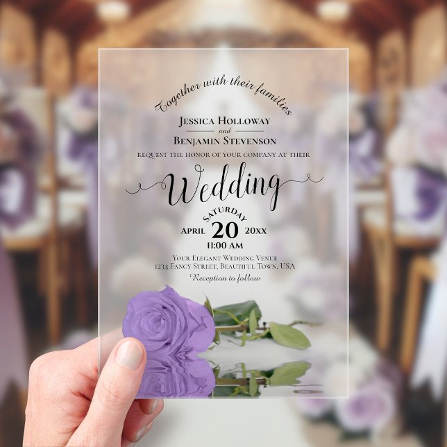 Elegant Lavender Purple Rose Calligraphy Wedding Acrylic Invitations (Frosted with Rectangle Cut)
